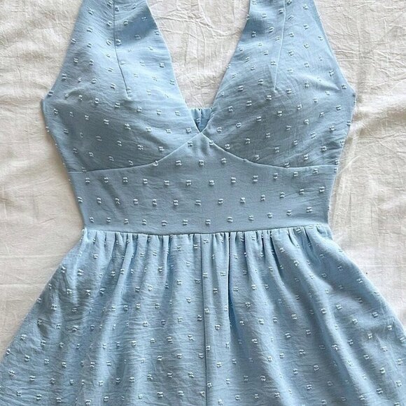 Blue Boho Women's Textured swiss dot halter Romper Vacation - Picture 5 of 6